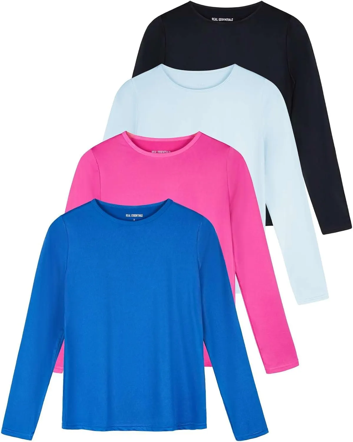 Real Essentials 4 Pack: Women's Dry-Fit Tech Stretch Long-Sleeve Athletic Workout T-Shirt (Available in Plus Size)