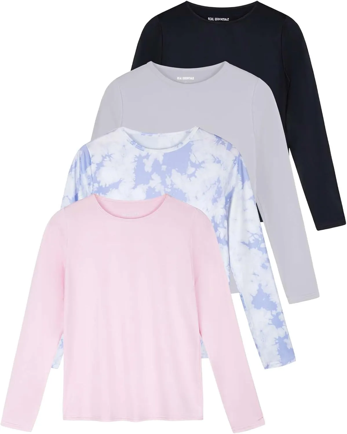 Real Essentials 4 Pack: Women's Dry-Fit Tech Stretch Long-Sleeve Athletic Workout T-Shirt (Available in Plus Size)