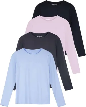 Real Essentials 4 Pack: Women's Dry-Fit Tech Stretch Long-Sleeve Athletic Workout T-Shirt (Available in Plus Size)