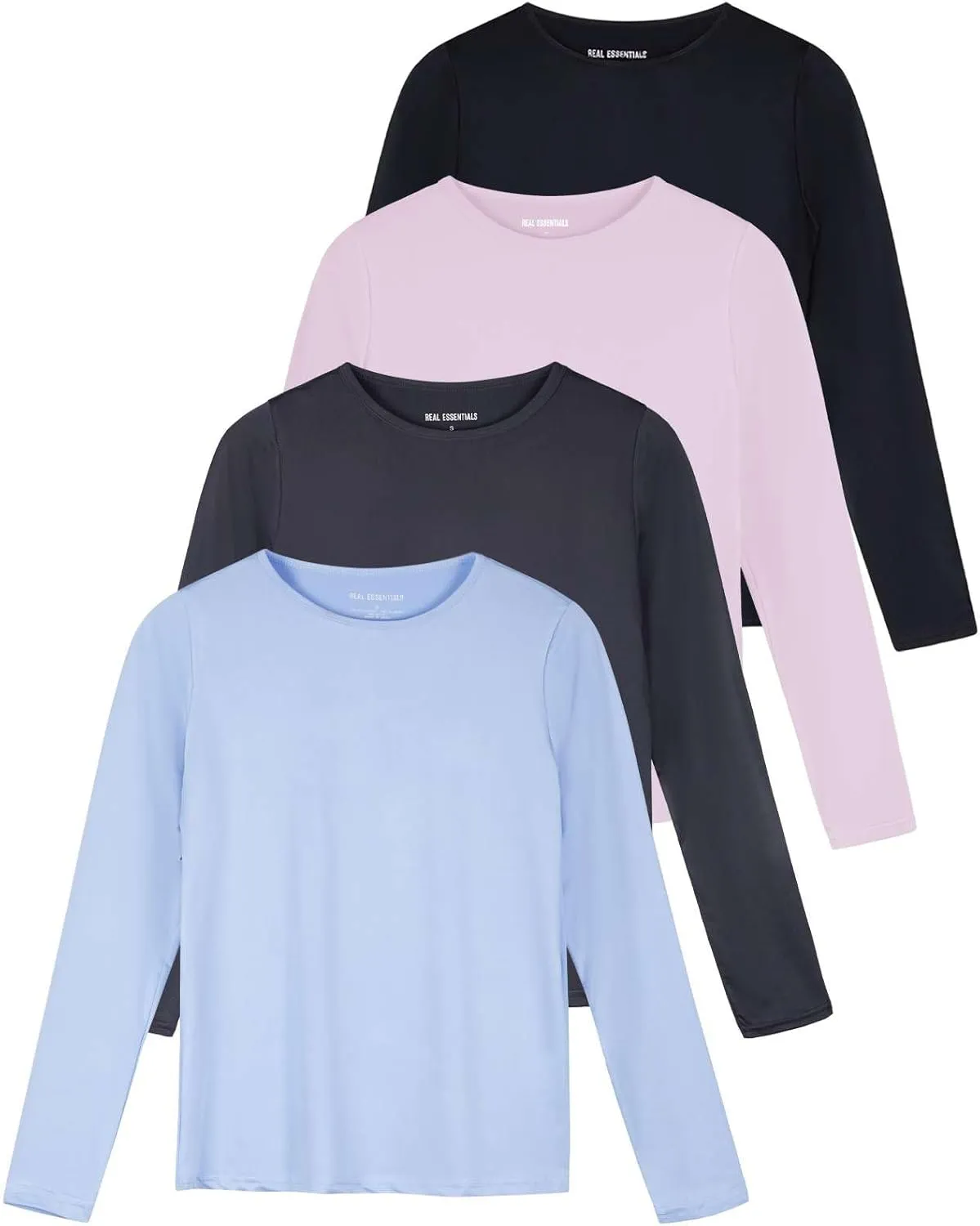 Real Essentials 4 Pack: Women's Dry-Fit Tech Stretch Long-Sleeve Athletic Workout T-Shirt (Available in Plus Size)