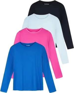 Real Essentials 4 Pack: Women's Dry-Fit Tech Stretch Long-Sleeve Athletic Workout T-Shirt (Available in Plus Size)