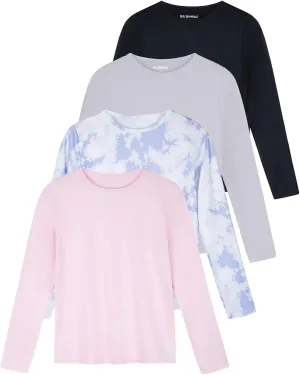 Real Essentials 4 Pack: Women's Dry-Fit Tech Stretch Long-Sleeve Athletic Workout T-Shirt (Available in Plus Size)