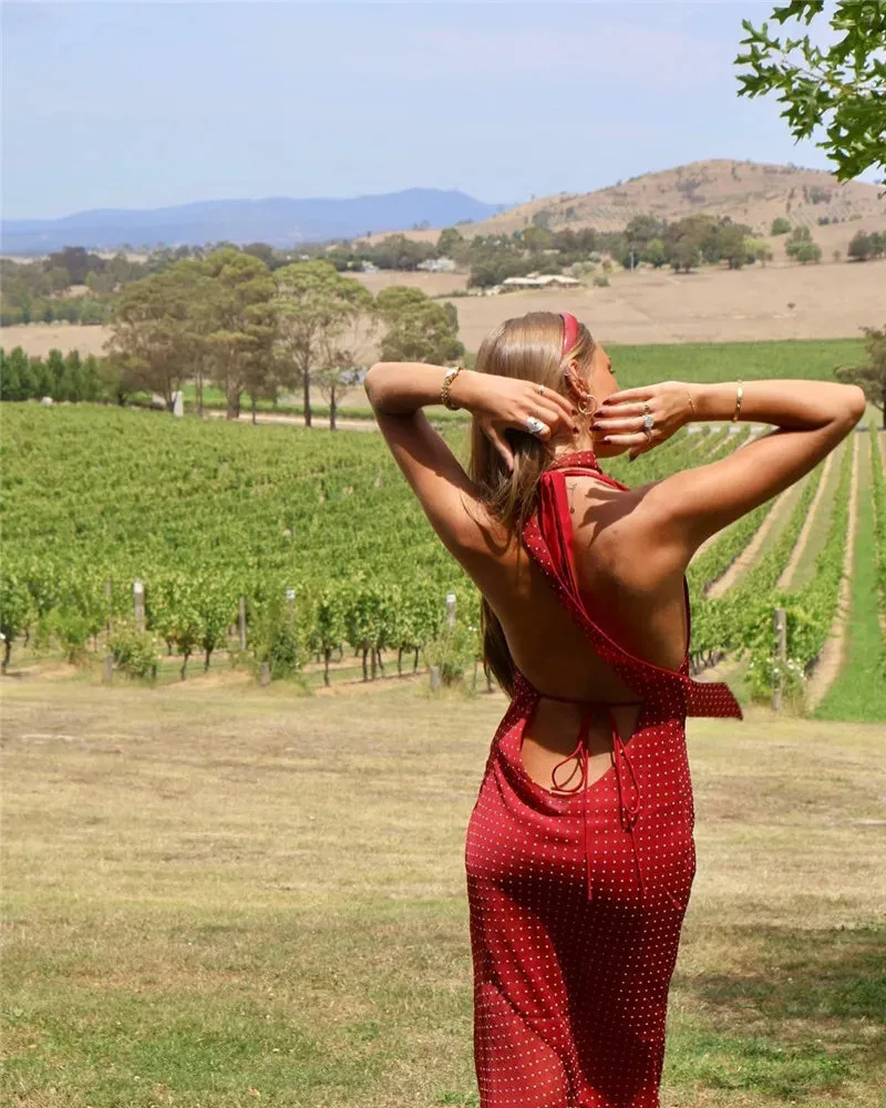 Red Polka Dot Drape V-neck Maxi Dress