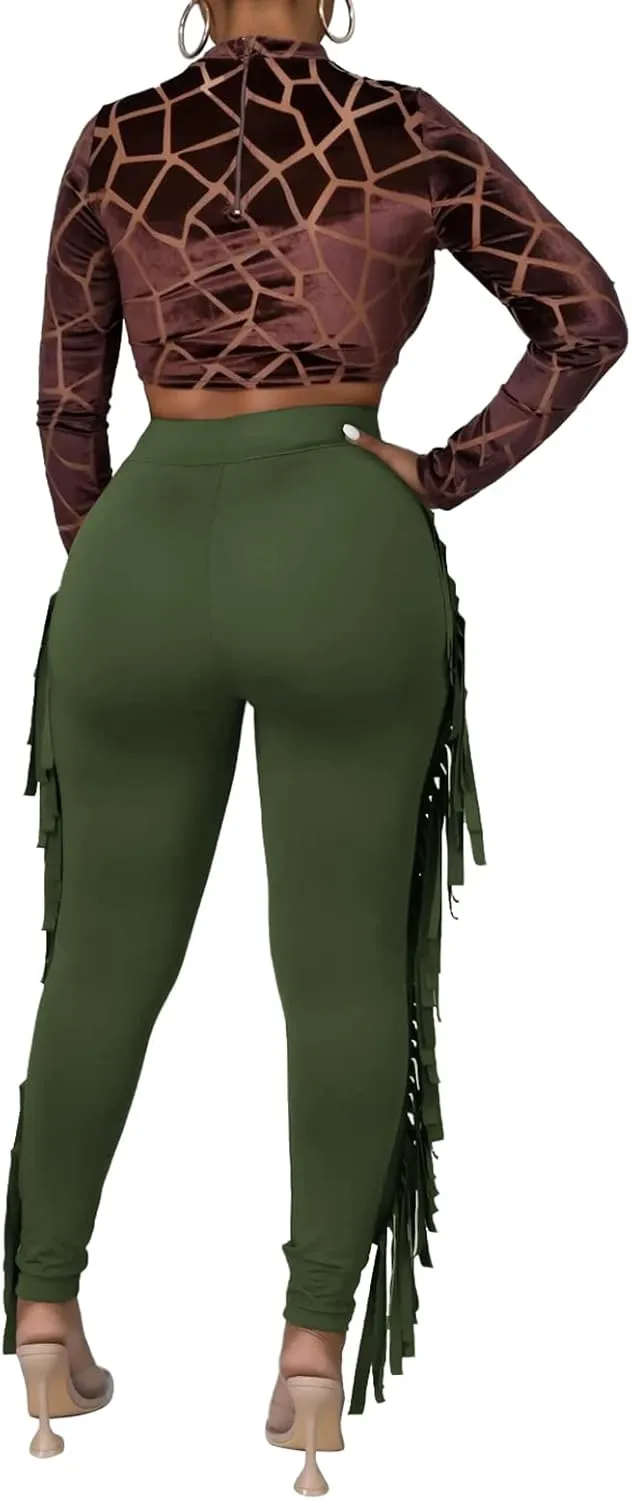 Rimhold Women's Fringe High Waist Solid Bodycon Side Tassel Pants Yoga Sweatpants Bandage Pants