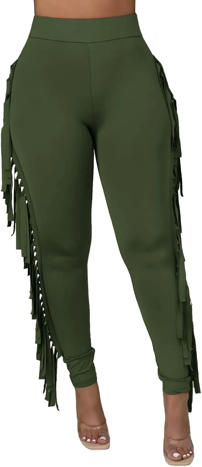 Rimhold Women's Fringe High Waist Solid Bodycon Side Tassel Pants Yoga Sweatpants Bandage Pants