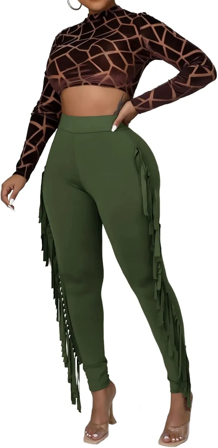 Rimhold Women's Fringe High Waist Solid Bodycon Side Tassel Pants Yoga Sweatpants Bandage Pants
