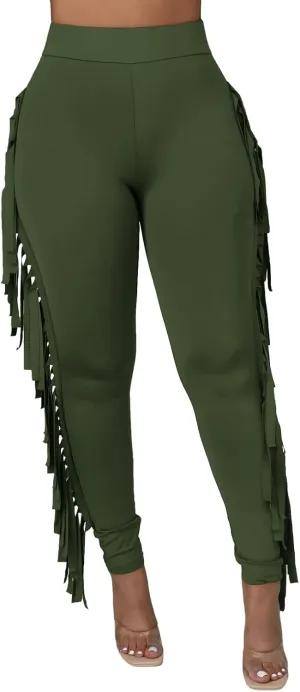 Rimhold Women's Fringe High Waist Solid Bodycon Side Tassel Pants Yoga Sweatpants Bandage Pants