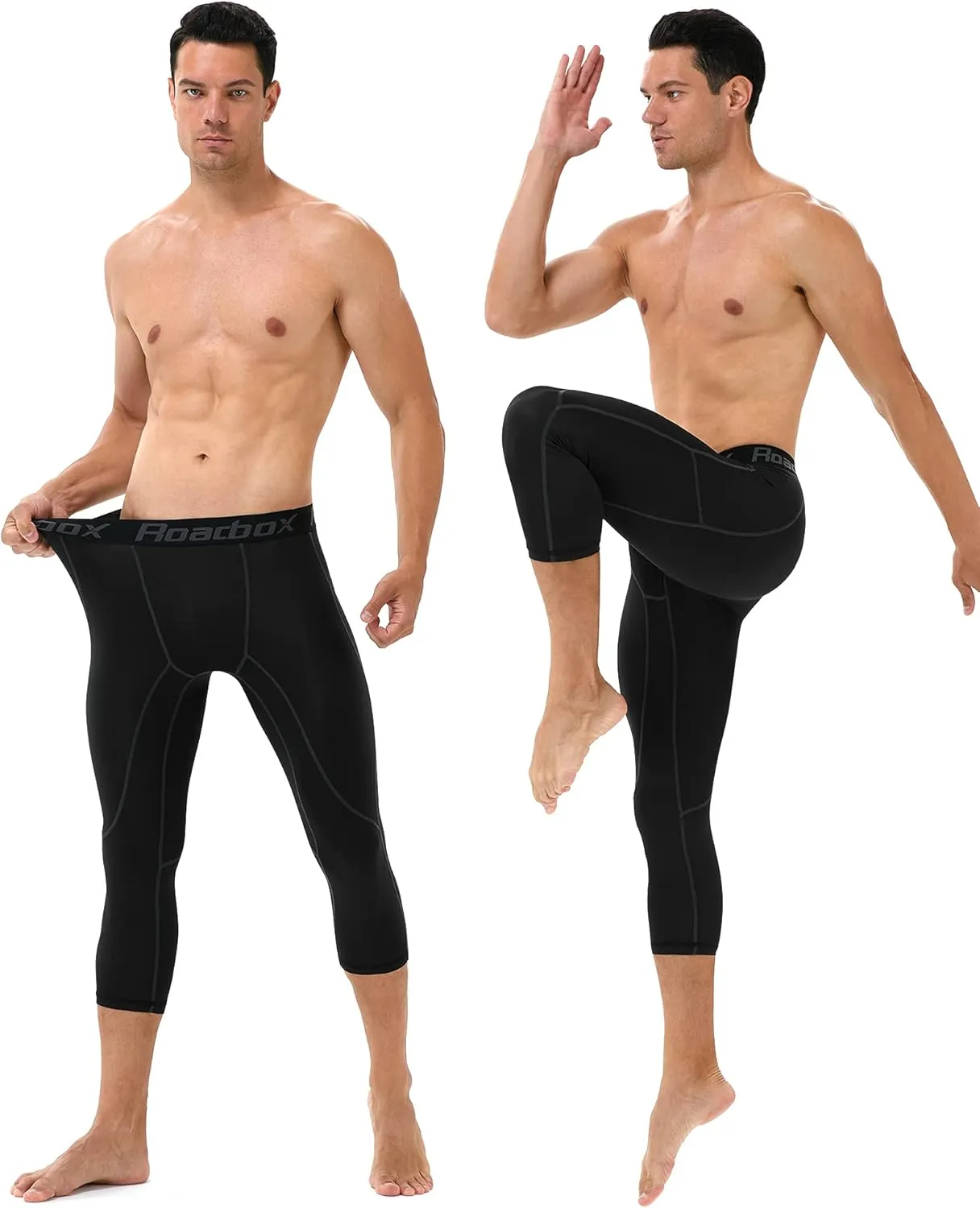Roadbox 2 Pack Men's 3/4 Compression Pants, Athletic Basketball Workout Tights Leggings, Sport Running Spandex Base Layer