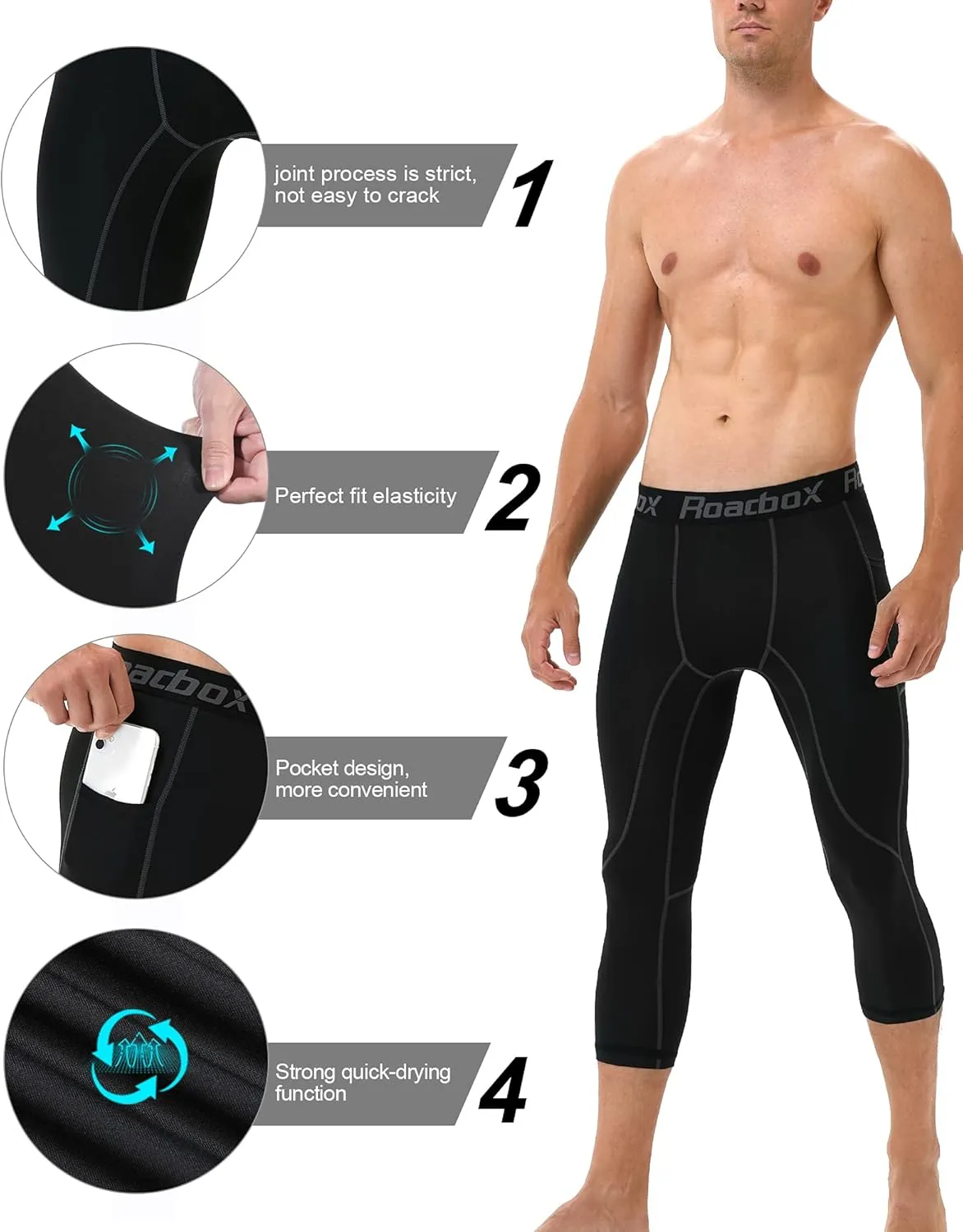 Roadbox 2 Pack Men's 3/4 Compression Pants, Athletic Basketball Workout Tights Leggings, Sport Running Spandex Base Layer