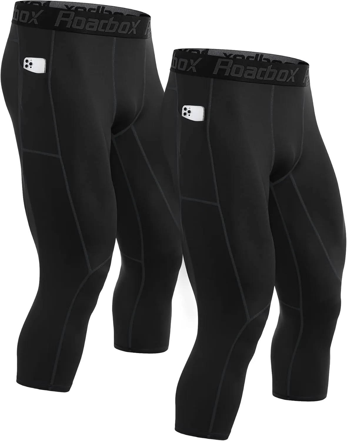 Roadbox 2 Pack Men's 3/4 Compression Pants, Athletic Basketball Workout Tights Leggings, Sport Running Spandex Base Layer