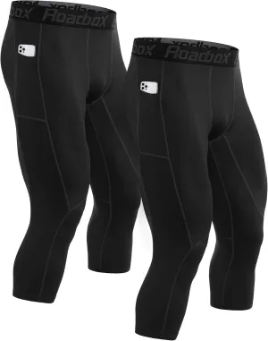 Roadbox 2 Pack Men's 3/4 Compression Pants, Athletic Basketball Workout Tights Leggings, Sport Running Spandex Base Layer