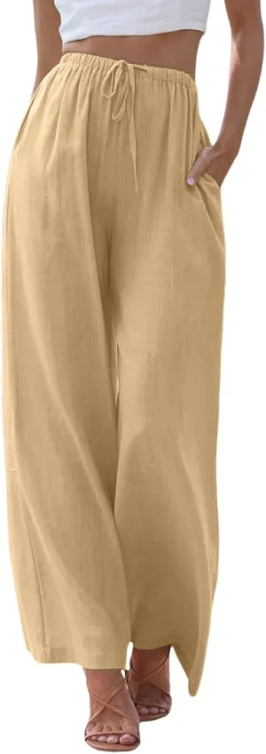 sdbrld Pantalones De Lino De Las Mujeres Linen Wide Leg Pants for Women Shorts Linen Pants Women Summer,Womens Linen Pants with Pockets High Waist Adjustable Knot Casual Trousers (Z41-Khaki, M)