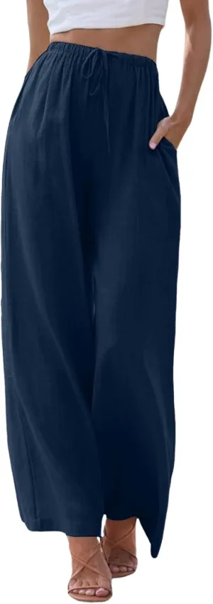 sdbrld Pantalones De Lino De Las Mujeres Linen Wide Leg Pants for Women Shorts Linen Pants Women Summer,Womens Linen Pants with Pockets High Waist Adjustable Knot Casual Trousers (Z41-Navy, M)