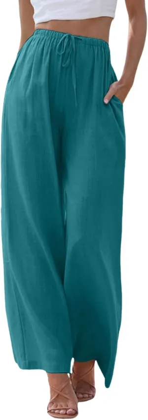 sdbrld Pantalones De Lino De Las Mujeres Linen Wide Leg Pants for Women Shorts Linen Pants Women Summer,Womens Linen Pants with Pockets High Waist Adjustable Knot Casual Trousers (Z41-Sky Blue, M)
