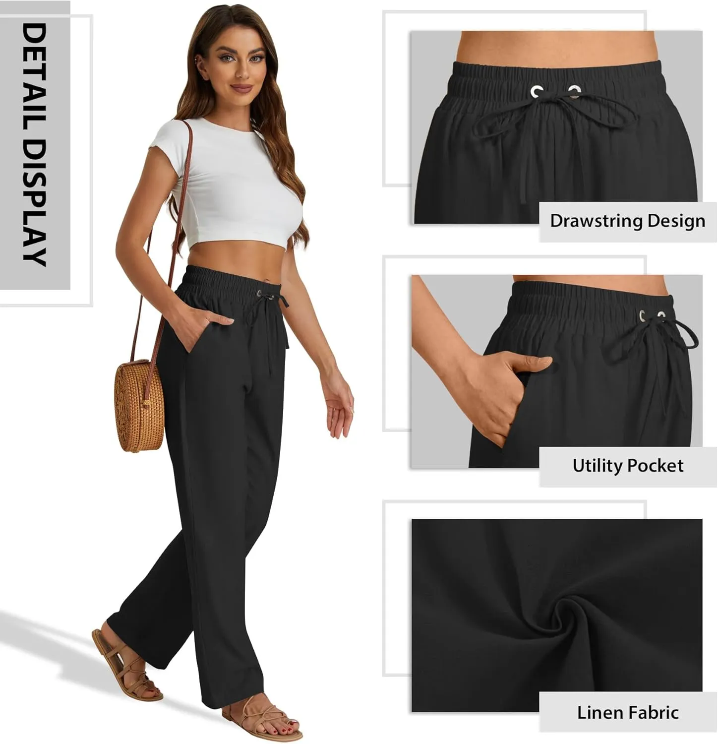 SEMARO Womens Casual Linen High Waist Pants Drawstring Loose Fit Summer Pants Trousers with Side Pockets