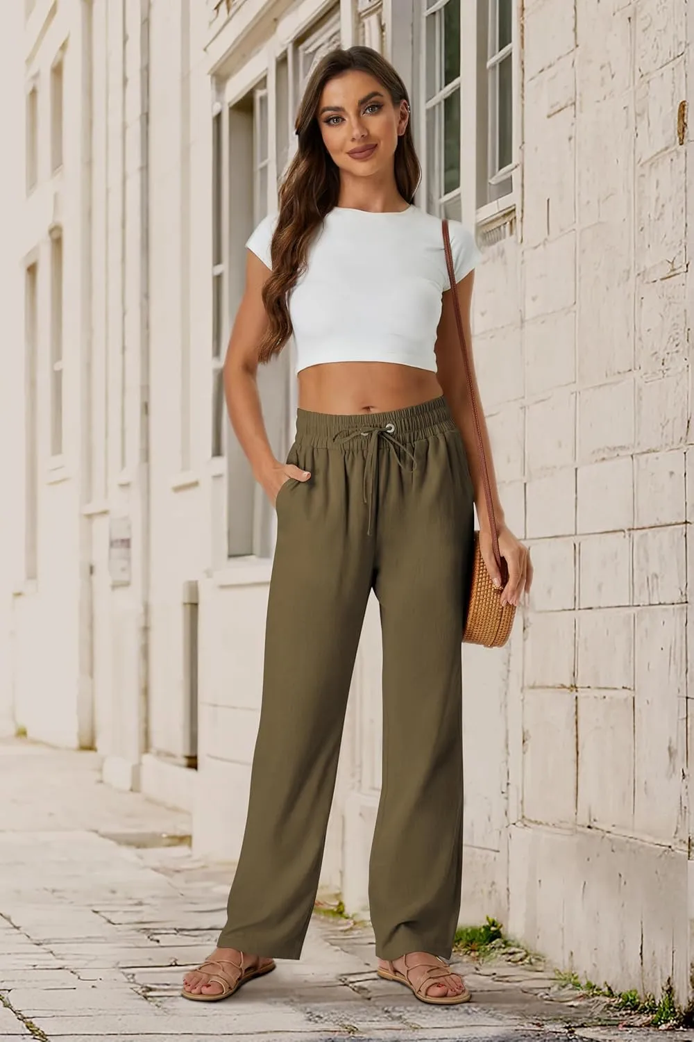 SEMARO Womens Casual Linen High Waist Pants Drawstring Loose Fit Summer Pants Trousers with Side Pockets