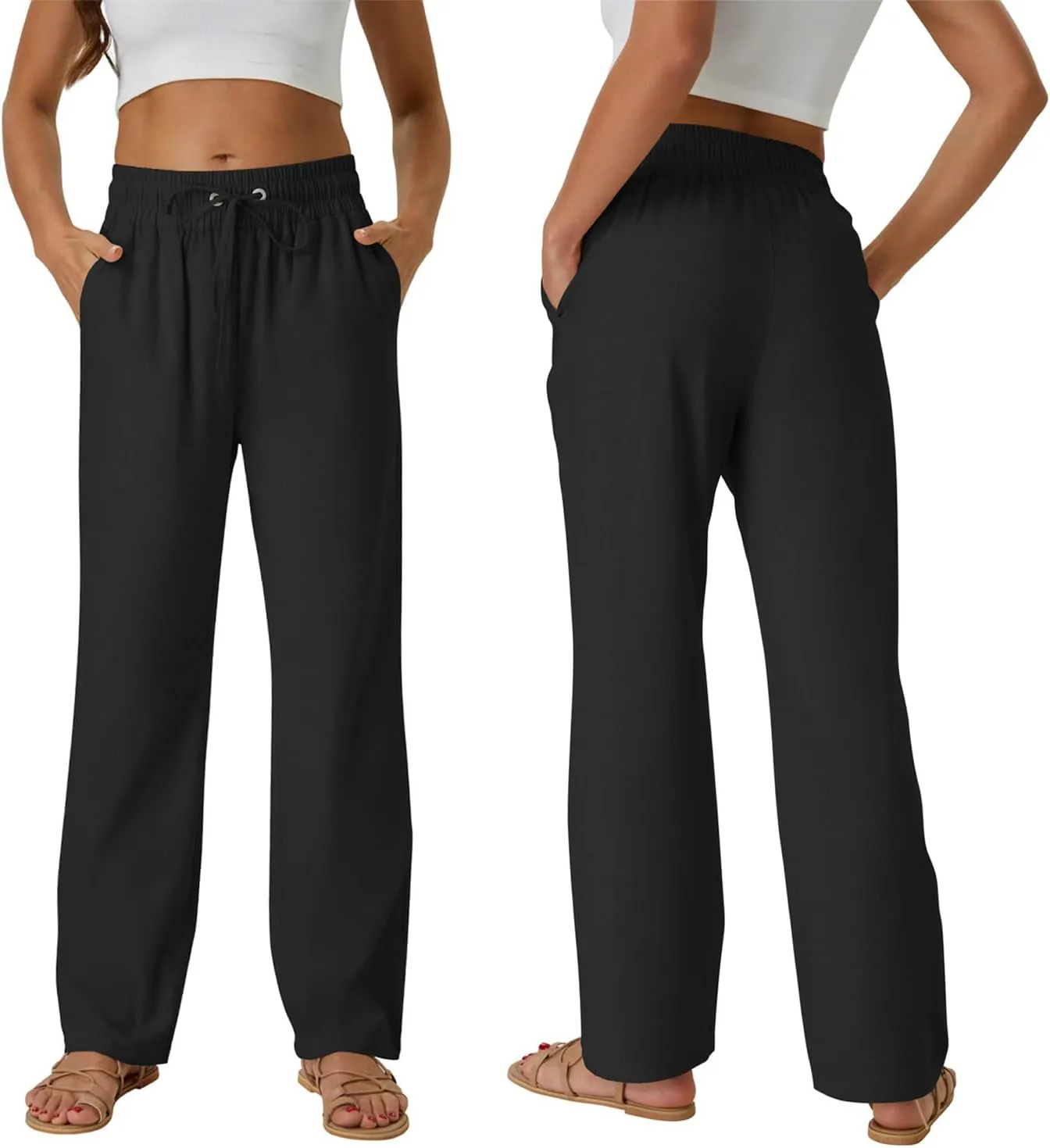 SEMARO Womens Casual Linen High Waist Pants Drawstring Loose Fit Summer Pants Trousers with Side Pockets