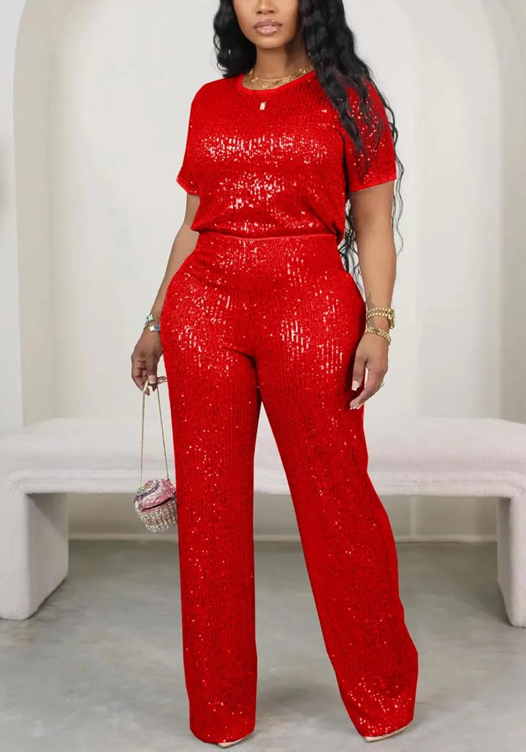 Sequin 2 Piece Outfit for Women Sparkle Wide Leg Pants Set Crew Neck Top Shiny Clubwear