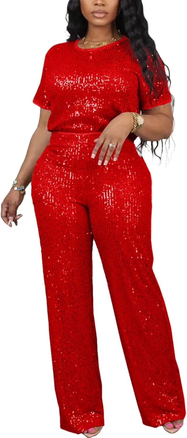 Sequin 2 Piece Outfit for Women Sparkle Wide Leg Pants Set Crew Neck Top Shiny Clubwear