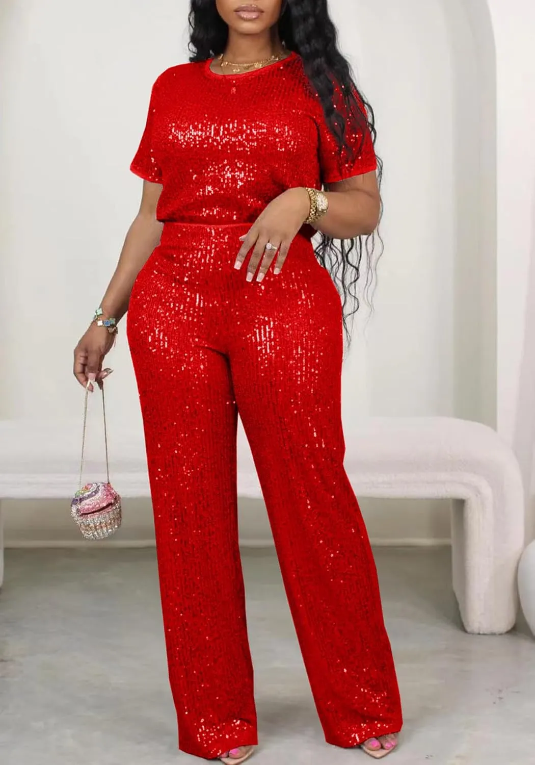 Sequin 2 Piece Outfit for Women Sparkle Wide Leg Pants Set Crew Neck Top Shiny Clubwear