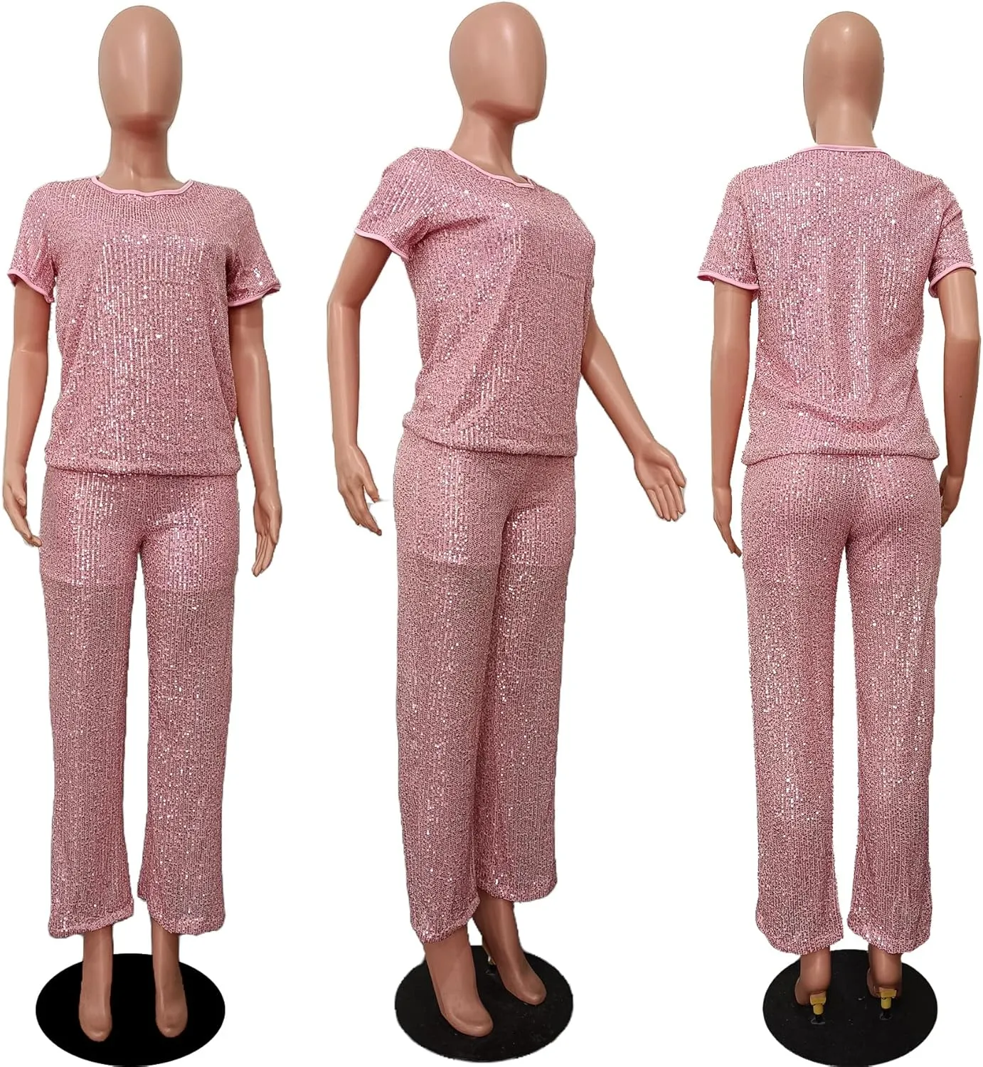 Sequin 2 Piece Outfit for Women Sparkle Wide Leg Pants Set Crew Neck Top Shiny Clubwear