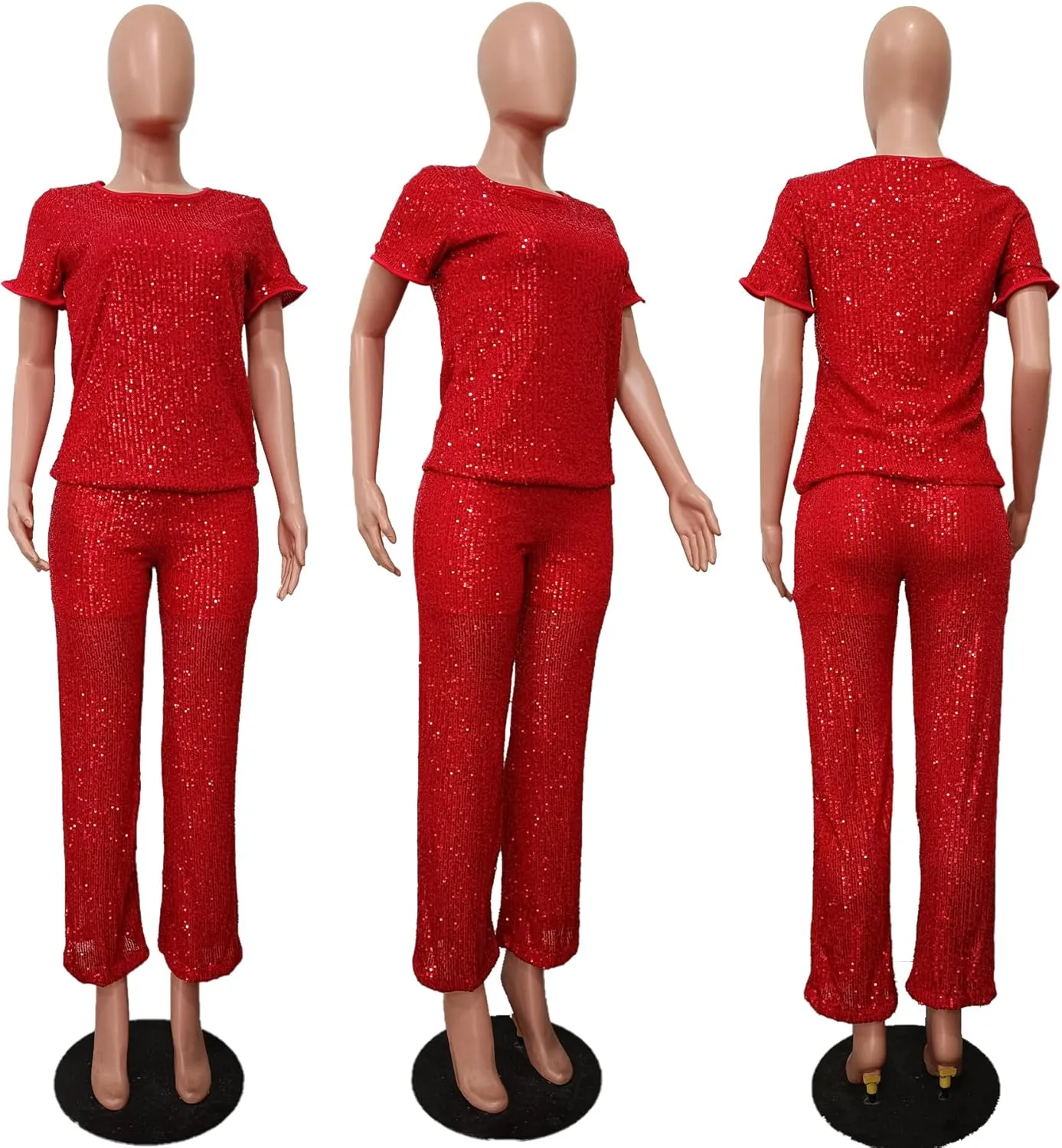 Sequin 2 Piece Outfit for Women Sparkle Wide Leg Pants Set Crew Neck Top Shiny Clubwear