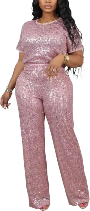 Sequin 2 Piece Outfit for Women Sparkle Wide Leg Pants Set Crew Neck Top Shiny Clubwear