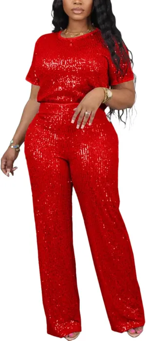 Sequin 2 Piece Outfit for Women Sparkle Wide Leg Pants Set Crew Neck Top Shiny Clubwear