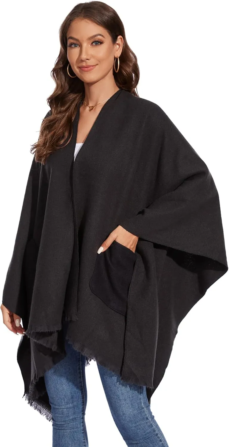 Shawl Wraps for Women, Elegant Knitted Cape Open Front Poncho Scarf Blanket Cardigan Coat for Autumn and Winter