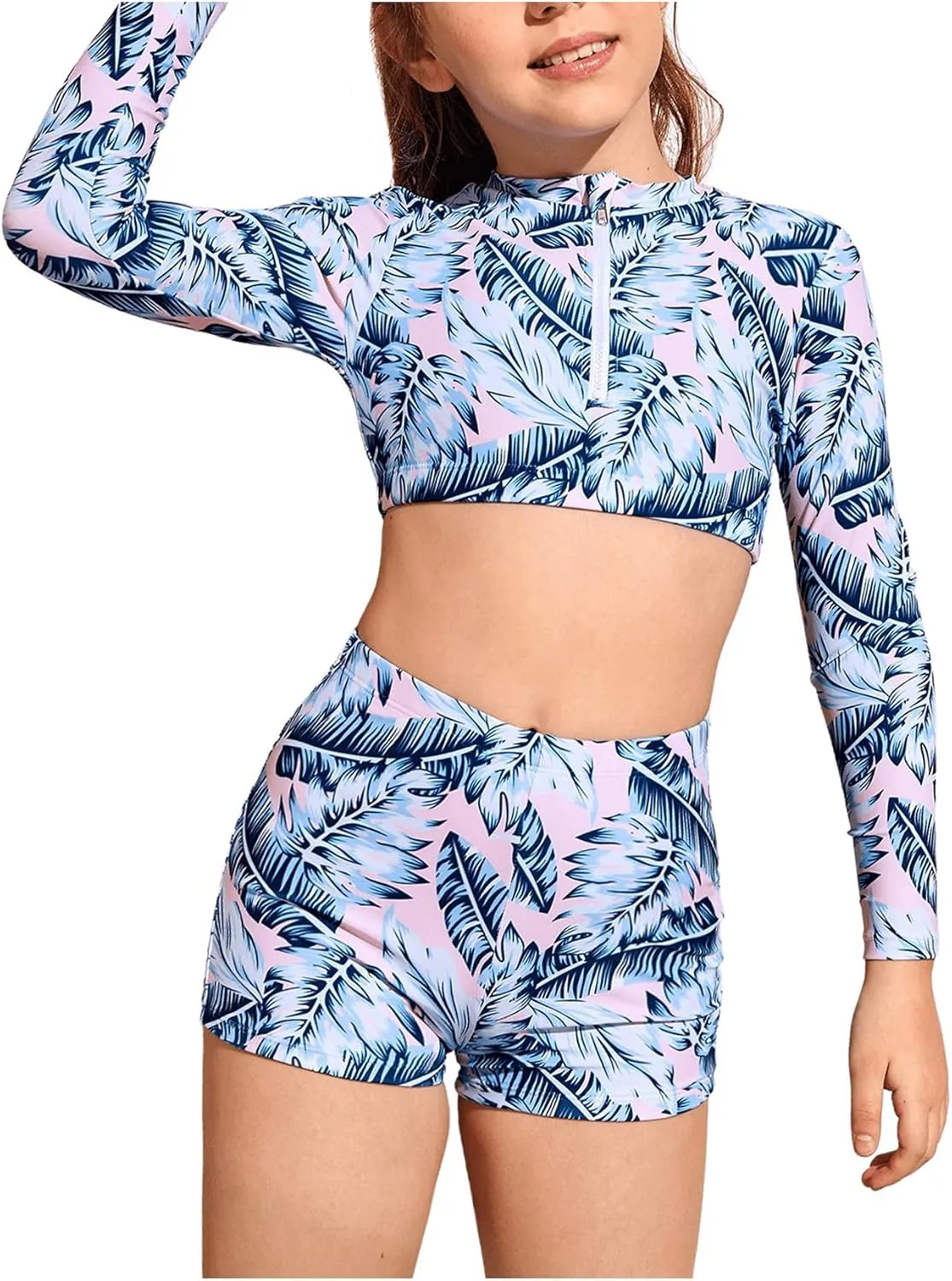 SHENHE Girl's 2 Piece Tropical Print High Waisted Long Sleeve Bikini Swimsuit Bathing Suit