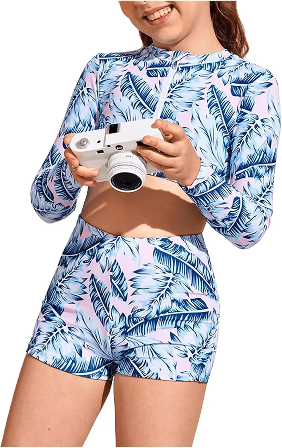 SHENHE Girl's 2 Piece Tropical Print High Waisted Long Sleeve Bikini Swimsuit Bathing Suit