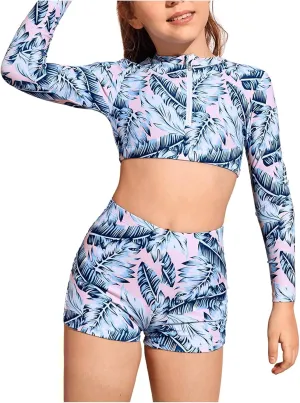 SHENHE Girl's 2 Piece Tropical Print High Waisted Long Sleeve Bikini Swimsuit Bathing Suit