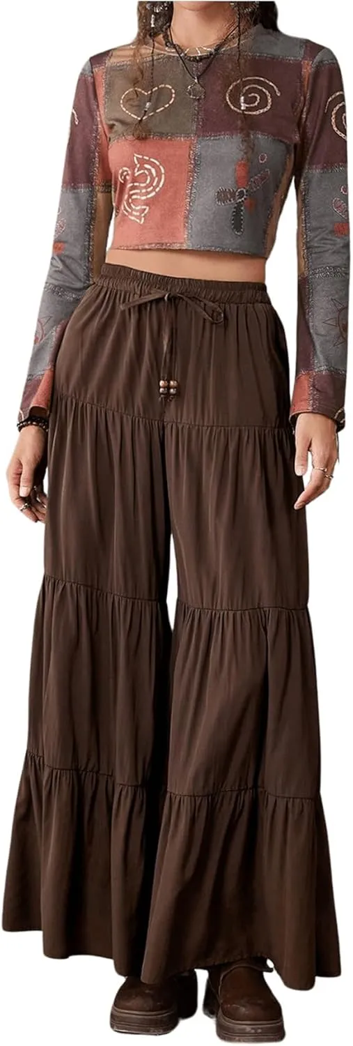 SHENHE Women's Tiered Ruffle Hem Wide Leg Pants Elastic Waist Flowy Palazzo Boho Pants