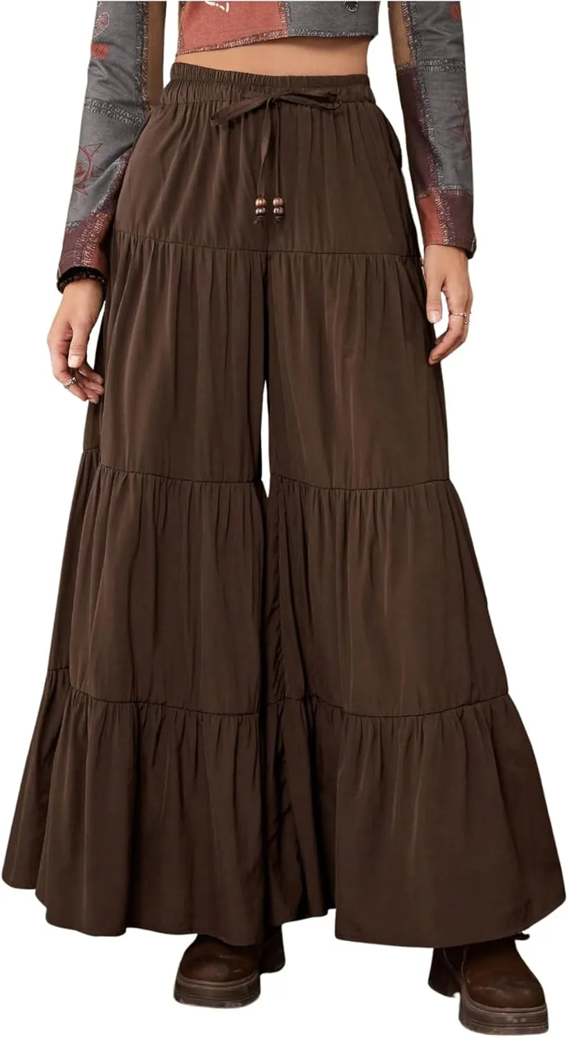 SHENHE Women's Tiered Ruffle Hem Wide Leg Pants Elastic Waist Flowy Palazzo Boho Pants