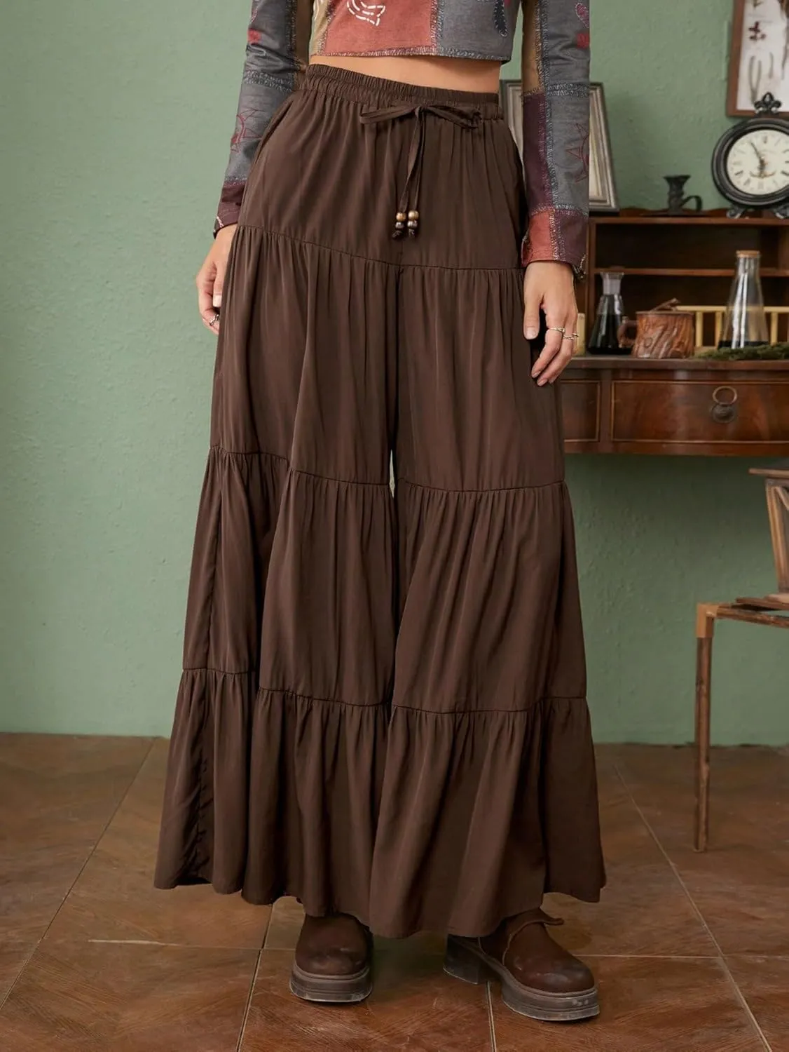 SHENHE Women's Tiered Ruffle Hem Wide Leg Pants Elastic Waist Flowy Palazzo Boho Pants