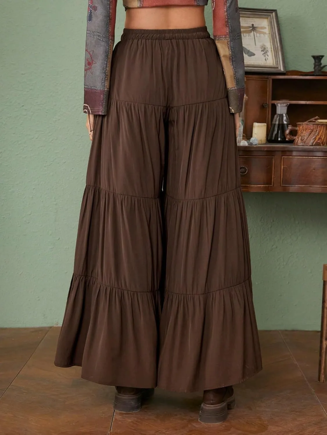 SHENHE Women's Tiered Ruffle Hem Wide Leg Pants Elastic Waist Flowy Palazzo Boho Pants