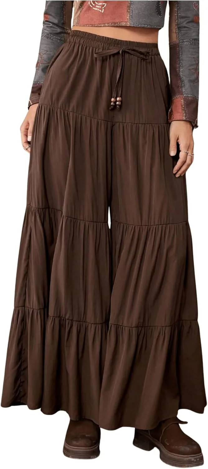 SHENHE Women's Tiered Ruffle Hem Wide Leg Pants Elastic Waist Flowy Palazzo Boho Pants
