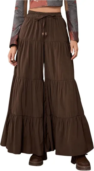 SHENHE Women's Tiered Ruffle Hem Wide Leg Pants Elastic Waist Flowy Palazzo Boho Pants