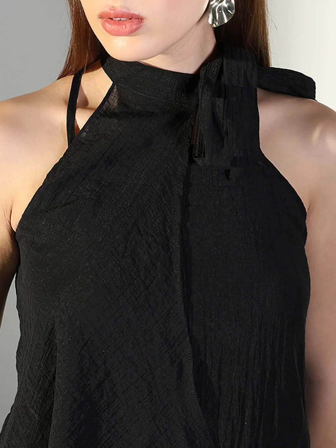 SHOWOFFFF Edition Women's Draped Black Maxi Dress with Neck Tie