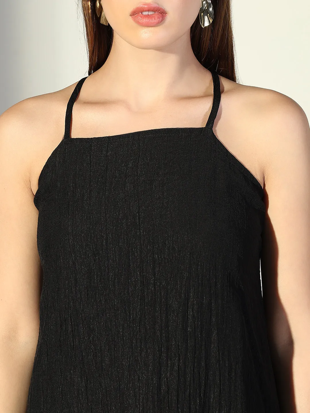 SHOWOFFFF Edition Women's Draped Black Maxi Dress with Neck Tie