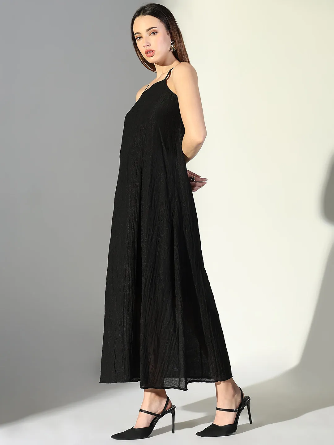 SHOWOFFFF Edition Women's Draped Black Maxi Dress with Neck Tie