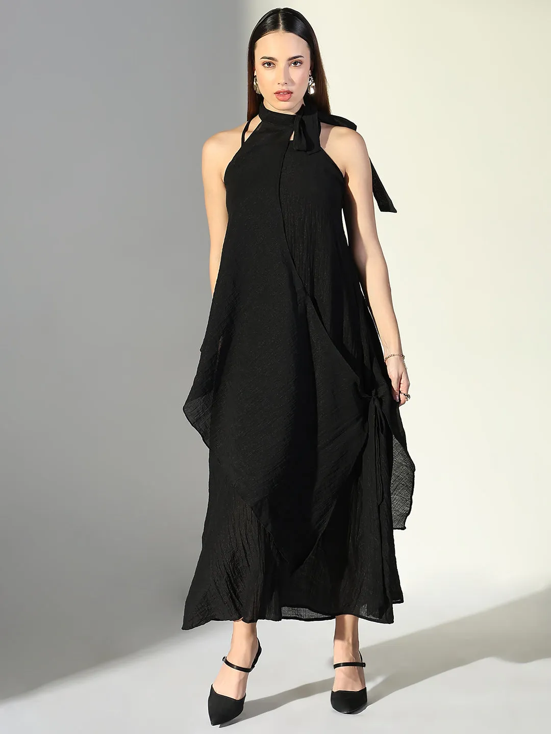 SHOWOFFFF Edition Women's Draped Black Maxi Dress with Neck Tie