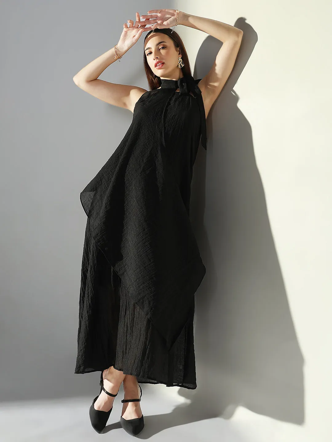 SHOWOFFFF Edition Women's Draped Black Maxi Dress with Neck Tie
