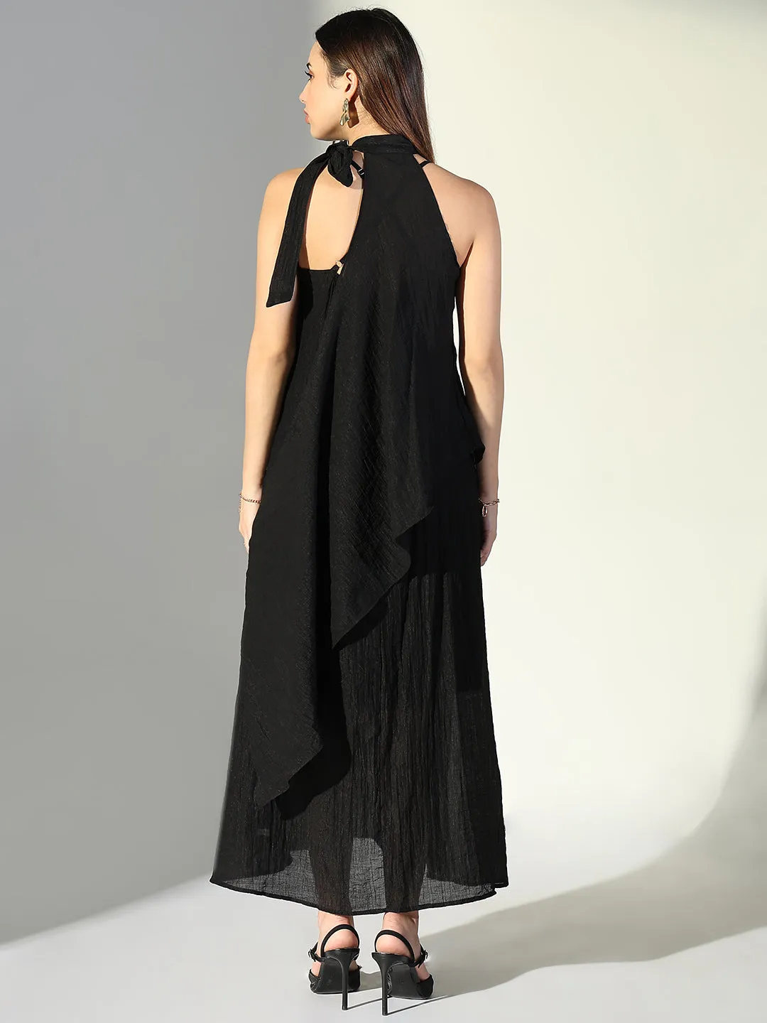 SHOWOFFFF Edition Women's Draped Black Maxi Dress with Neck Tie