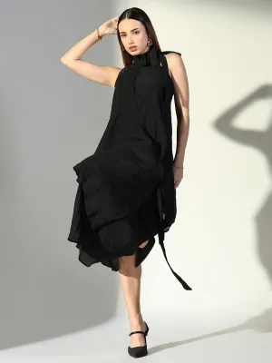 SHOWOFFFF Edition Women's Draped Black Maxi Dress with Neck Tie