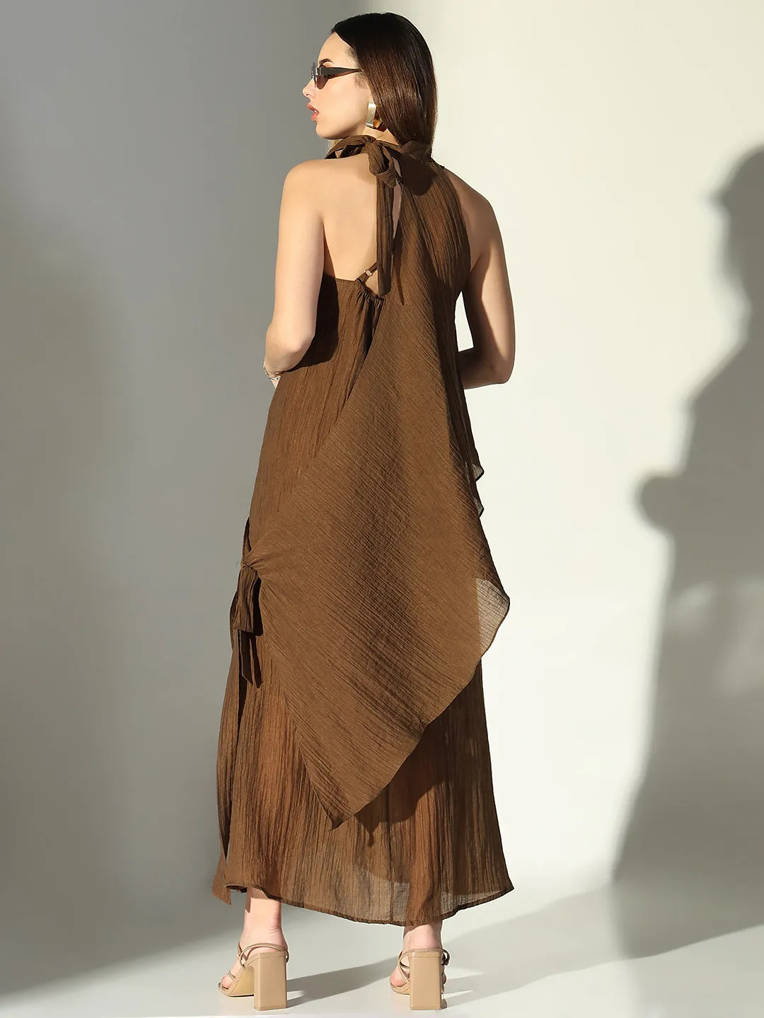SHOWOFFFF Edition Women's Draped Brown Maxi Dress with Neck Tie