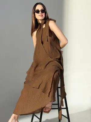 SHOWOFFFF Edition Women's Draped Brown Maxi Dress with Neck Tie