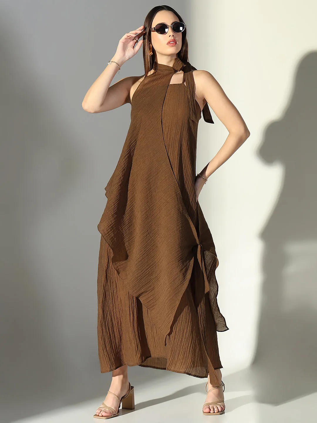 SHOWOFFFF Edition Women's Draped Brown Maxi Dress with Neck Tie