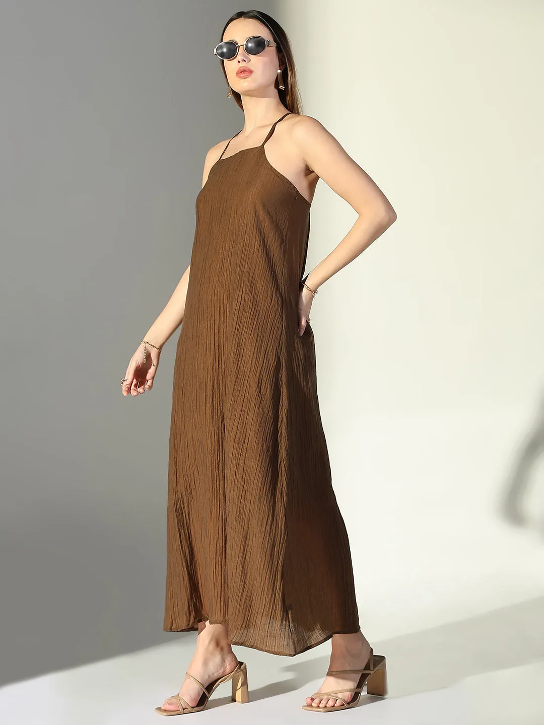 SHOWOFFFF Edition Women's Draped Brown Maxi Dress with Neck Tie