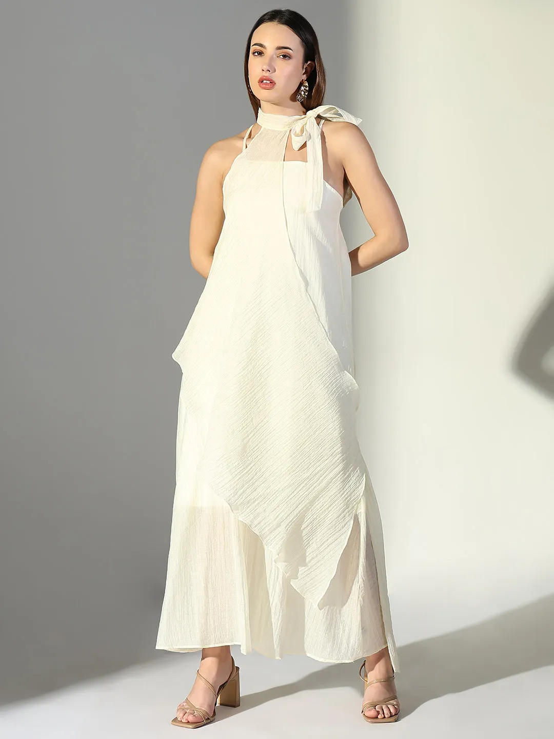 SHOWOFFFF Edition Women's Draped Cream Maxi Dress with Neck Tie